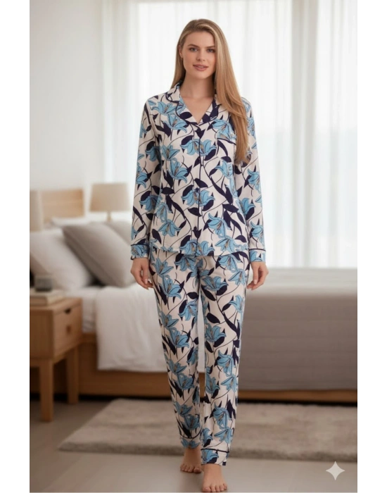 Yeni Sezon Yakalı önden düğmeli yumuşak viskon pijama takımı 52031