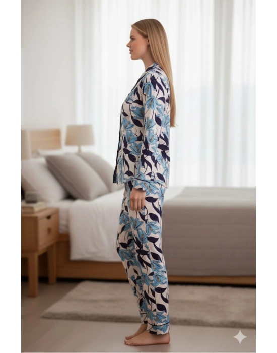 Yeni Sezon Yakalı önden düğmeli yumuşak viskon pijama takımı 52031