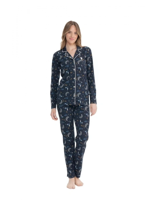 U.S. Polo Assn. 17119 Ay Yıldız Desenli Uzun Kollu Boydan Düğmeli Gömlek Pijama Takım