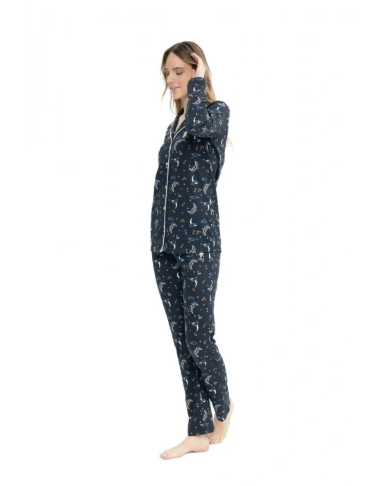 U.S. Polo Assn. 17119 Ay Yıldız Desenli Uzun Kollu Boydan Düğmeli Gömlek Pijama Takım