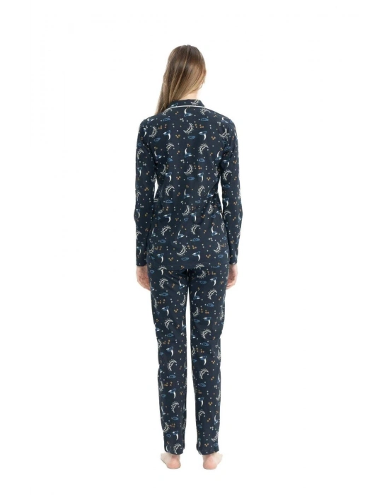 U.S. Polo Assn. 17119 Ay Yıldız Desenli Uzun Kollu Boydan Düğmeli Gömlek Pijama Takım
