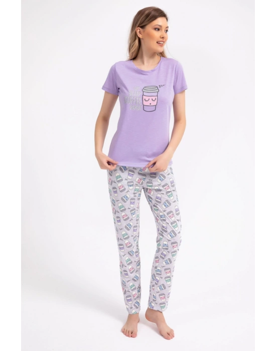Eat Sleep Coffee Repeat Lila Kadın Pijama Takımı