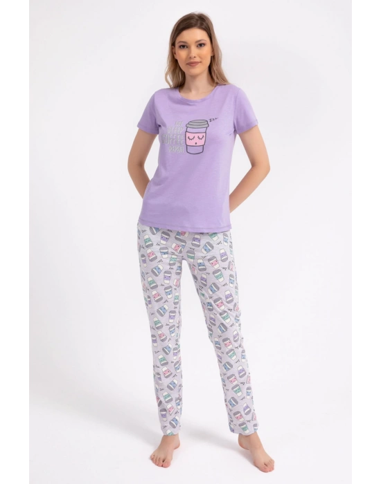 Eat Sleep Coffee Repeat Lila Kadın Pijama Takımı