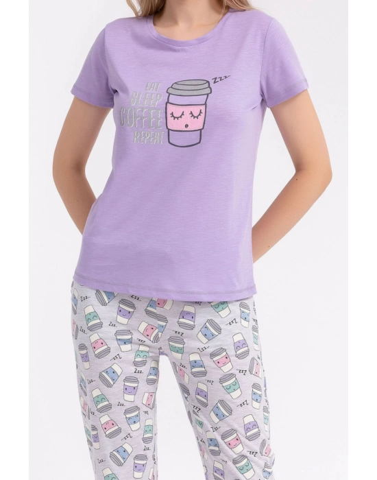 Eat Sleep Coffee Repeat Lila Kadın Pijama Takımı