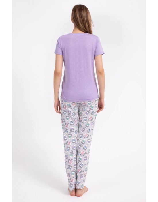 Eat Sleep Coffee Repeat Lila Kadın Pijama Takımı