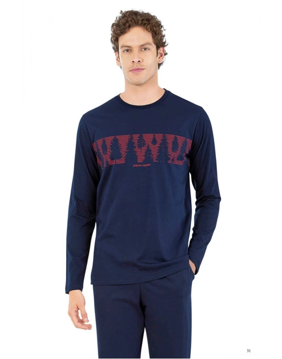 6068 Erkek Lacivert Uzun Kollu Yuvarlak Yakalı Pijama Takım