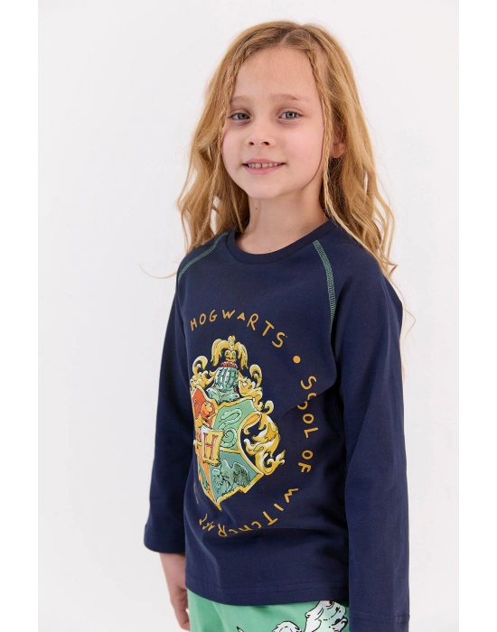 Lisanslı Lacivert Kız Çocuk Ribanalı Pijama Takımı
