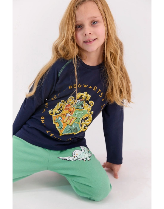 Lisanslı Lacivert Kız Çocuk Ribanalı Pijama Takımı