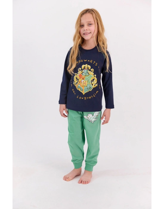 Lisanslı Lacivert Kız Çocuk Ribanalı Pijama Takımı