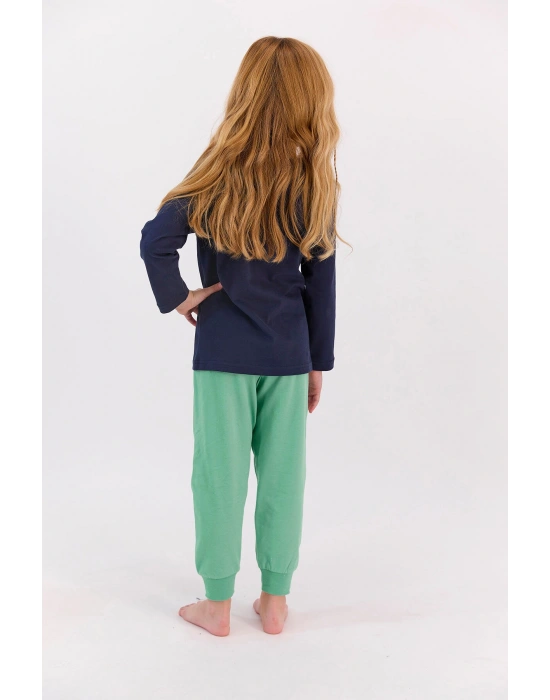 Lisanslı Lacivert Kız Çocuk Ribanalı Pijama Takımı