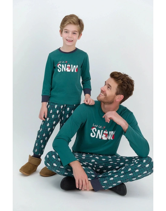 Let It Snow Koyu Haki Erkek Çocuk Pijama Takımı