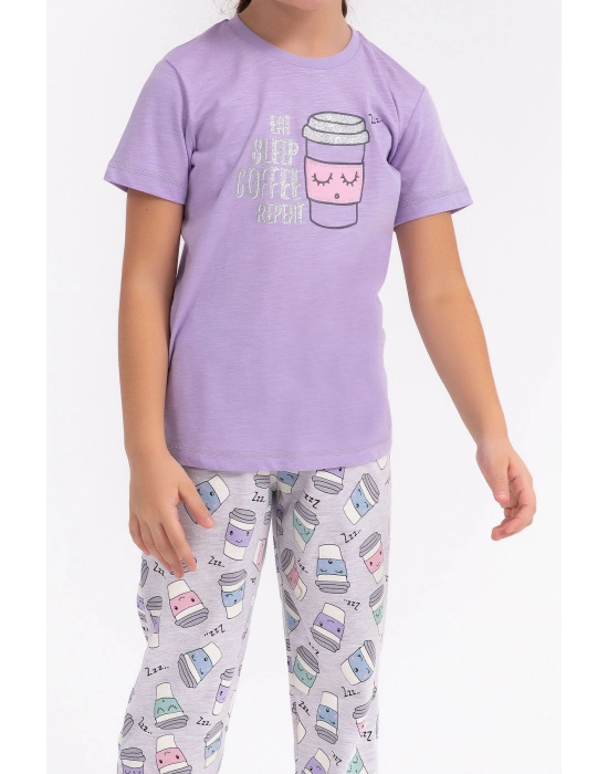 Eat Sleep Coffee Repeat Lila Kız Çocuk Pijama Takımı