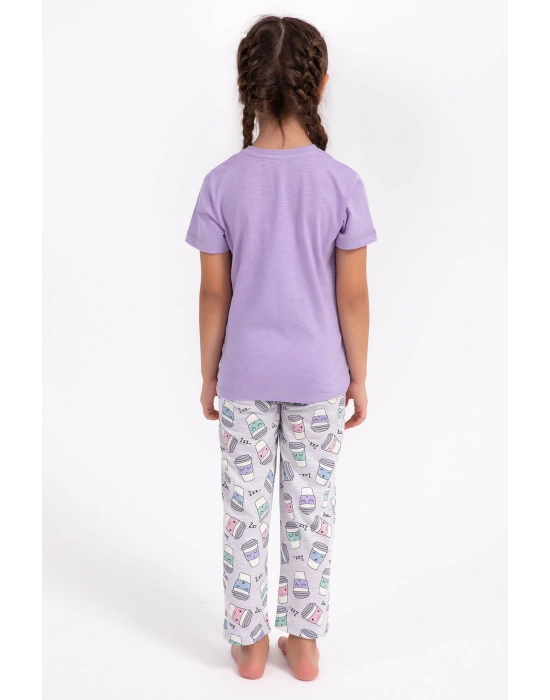 Eat Sleep Coffee Repeat Lila Kız Çocuk Pijama Takımı