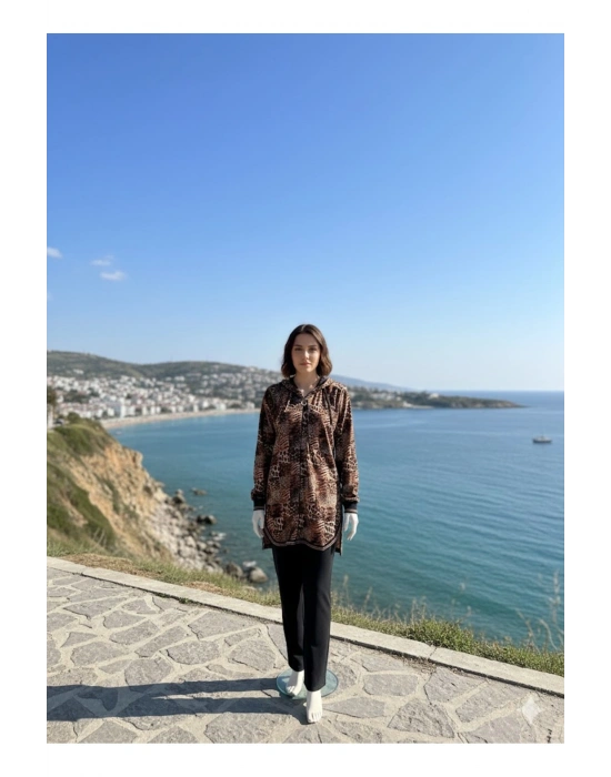 Tam Fermuarlı Tunik Boy Kadife Eşofman Takım
