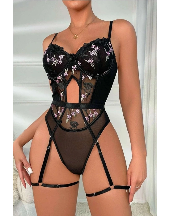Kadın Siyah Transparan Çiçek Desenli Fantezi Babydoll - 8413B