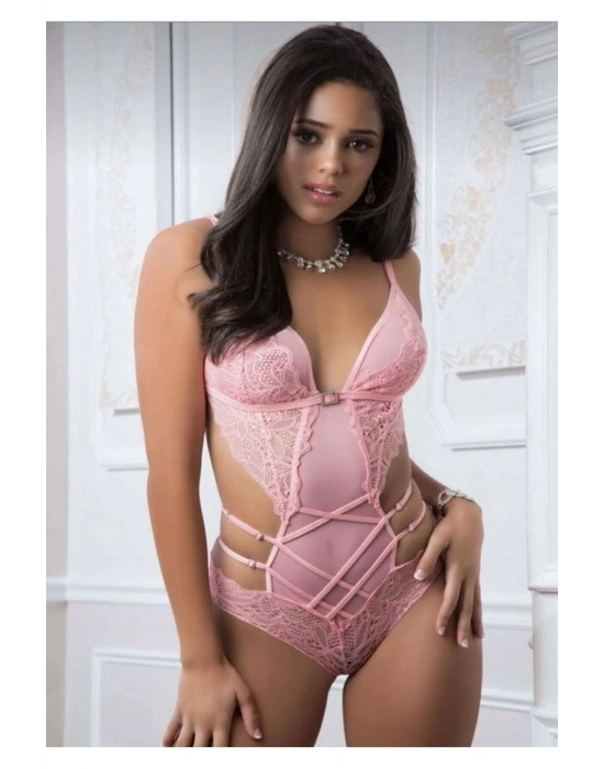 Pembe Dantel İşlemeli Maskeli Bodysuit