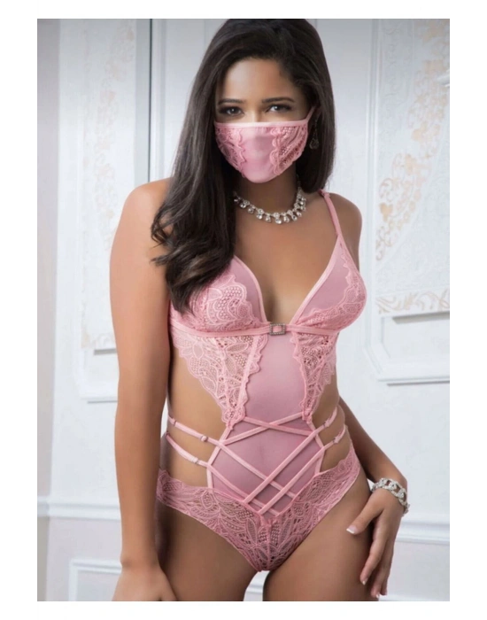Pembe Dantel İşlemeli Maskeli Bodysuit
