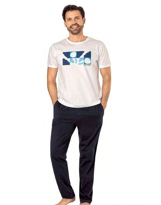 6076 Erkek Kısa Kollu Bisiklet Yaka Pijama Takım-Beyaz