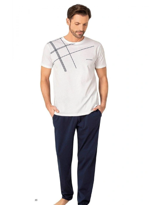6081 Erkek Kısa Kollu Bisiklet Yaka Pijama Takım-Beyaz