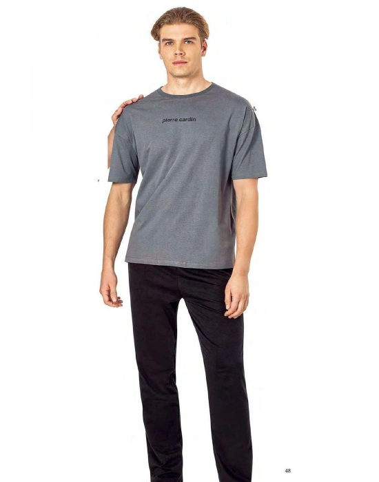 6086 Erkek Kısa Kollu Bisiklet Yaka Oversize Pijama Takım-Koyugri