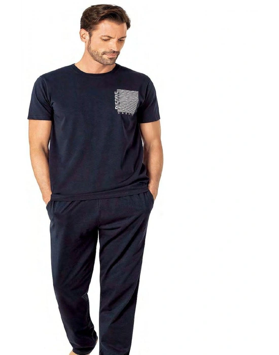 6075 Erkek Lacıvert Kısa Kollu Yuvarlak Yaka Penye Pijama Takımı