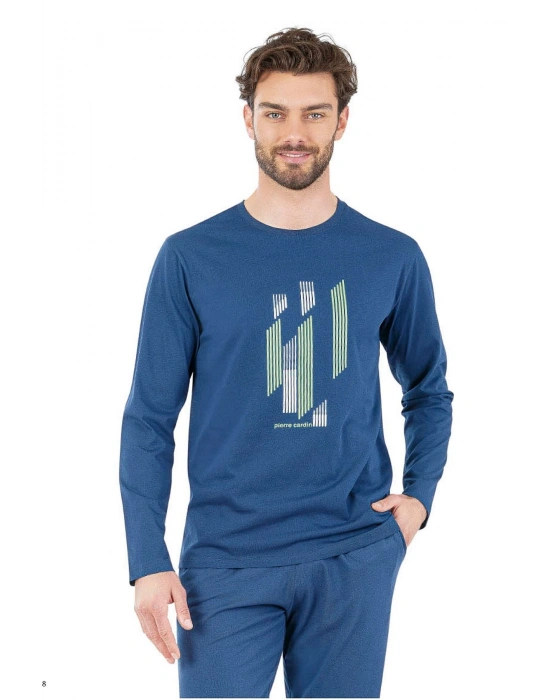 6063 Erkek Uzun Kollu Bisiklet Yaka Pijama Takımı-İndigo