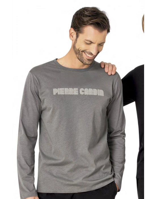 Erkek Koyu Gri Pijama Takım, %100 Pamuk, Uzunkollu, Cepli