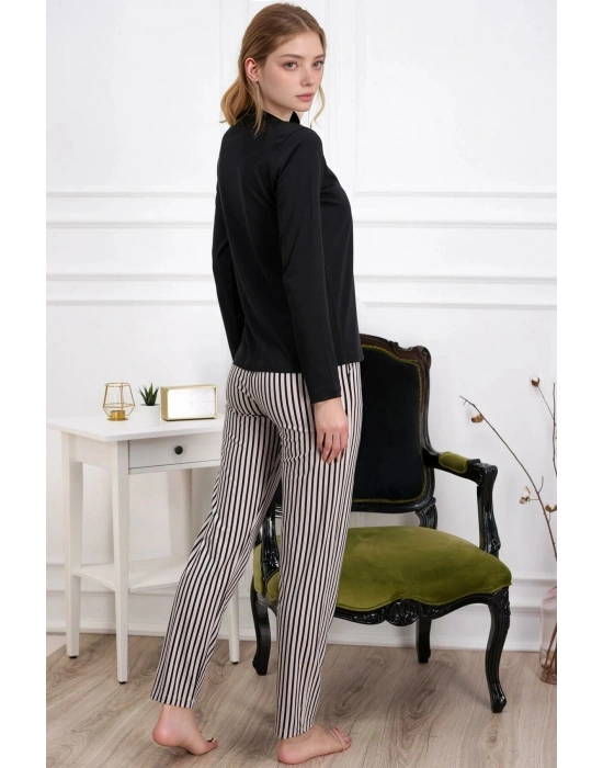 Kadın Siyah Çizgili Bisiklet Yaka Kısa Kol %100 Pamuklu Pijama Takımı Q9.PKI.8RK77
