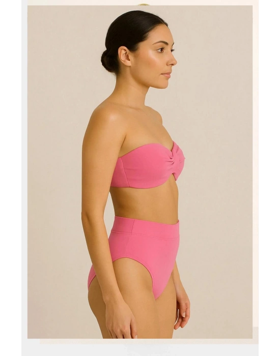 Kadın Pembe Dolgulu Straplez Yüksek Bel Bikini Takım