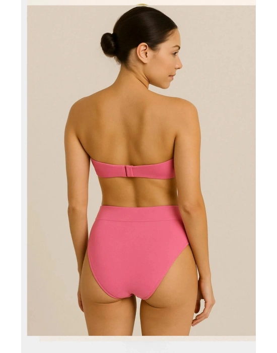 Kadın Pembe Dolgulu Straplez Yüksek Bel Bikini Takım