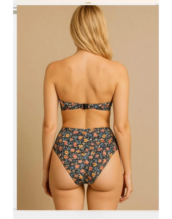 Kadın Daisy Dolgulu Straplez Yüksek Bel Bikini Takım