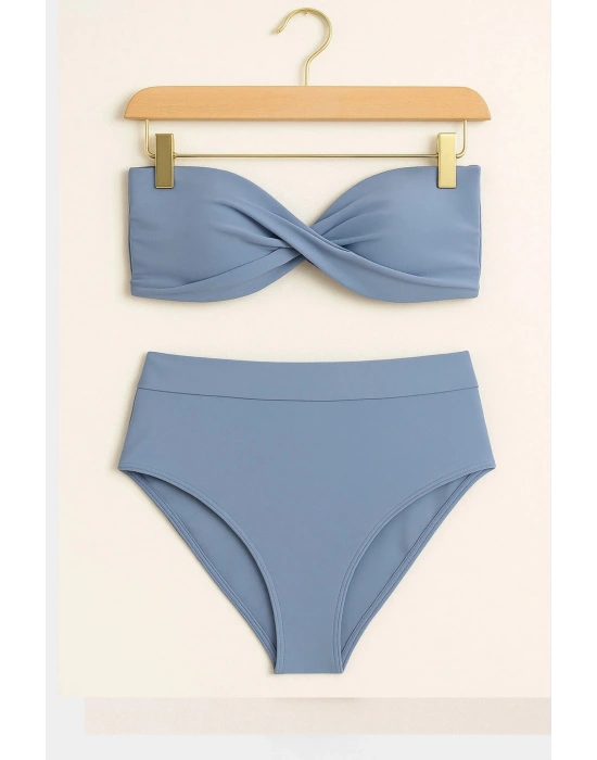 Mavi Dolgulu Straplez Yüksek Bel Bikini Takım 246106