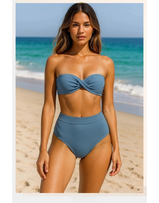 Mavi Dolgulu Straplez Yüksek Bel Bikini Takım 246106