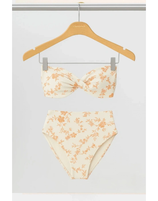 Kadın Flower Dolgulu Straplez Yüksek Bel Bikini Takım