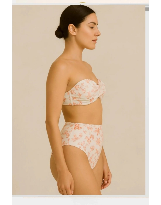 Kadın Flower Dolgulu Straplez Yüksek Bel Bikini Takım