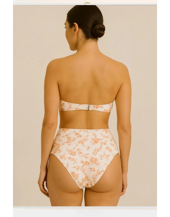 Kadın Flower Dolgulu Straplez Yüksek Bel Bikini Takım