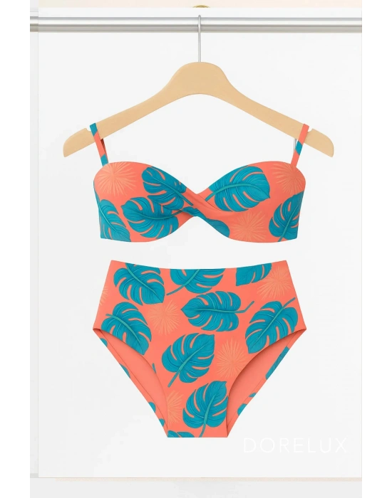Kadın Leaf Dolgulu Straplez Yüksek Bel Bikini Takım