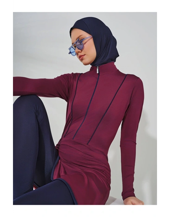 Biye Detaylı Anvelop Etekli Tesettür Mayo Vişne Çürüğü DLX-24620