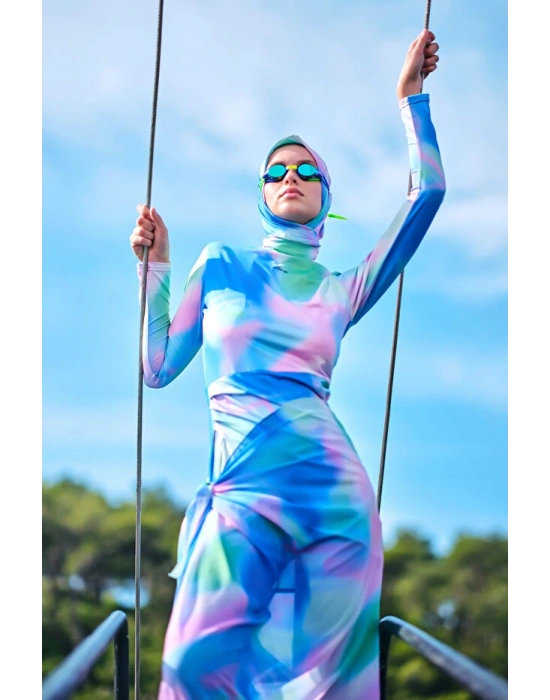 Desenli Anvelop Etek Detaylı Tesettür Mayo DLX-24617