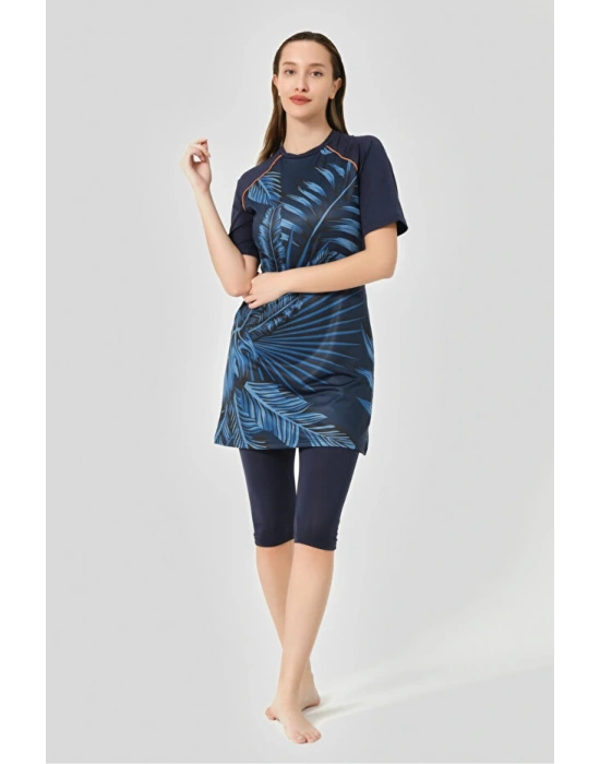 Desenli Reglan Yarım Kol Yarı Kapalı Mayo DLX-24708