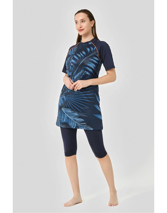 Desenli Reglan Yarım Kol Yarı Kapalı Mayo DLX-24708