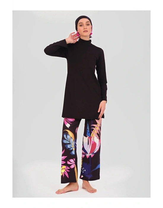 Krizantem Desenli Tesettür Mayo Siyah DLX-24613