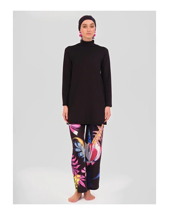 Krizantem Desenli Tesettür Mayo Siyah DLX-24613