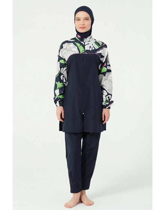Lian Kıl Biye Detaylı Paraşüt Kumaş Tam Kapalı Tesettür Mayo Lacivert DLX-25289