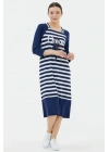 Kadın Lacivert Truvakar Kol Çizgili Marine Elbise