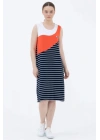 Kalın Askılı Çizgili Elbise - Lacivert