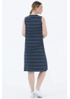 Kalın Askılı Çizgili Elbise - Lacivert