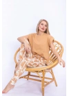 Yaprak Desenli Camel Kadın Slim Fit Takım