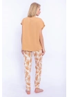 Yaprak Desenli Camel Kadın Slim Fit Takım
