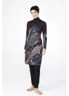 0483 Siyah Dijital Desenli Lycralı Tesettür Mayo